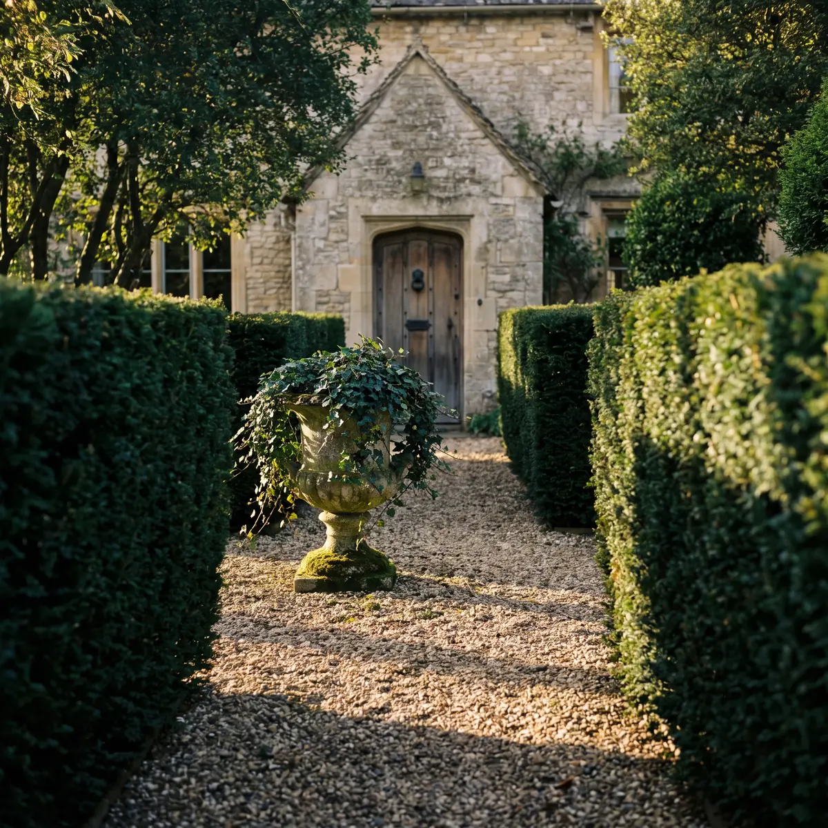 A garden path between old hedges leading to a stone house in the late afternoon