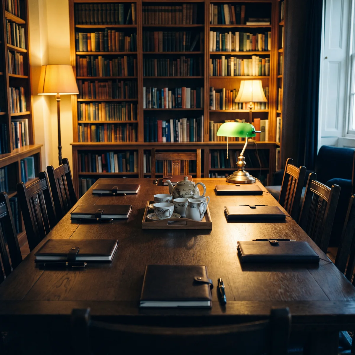 A long oak table in a quiet library, set with notebooks for a family meeting