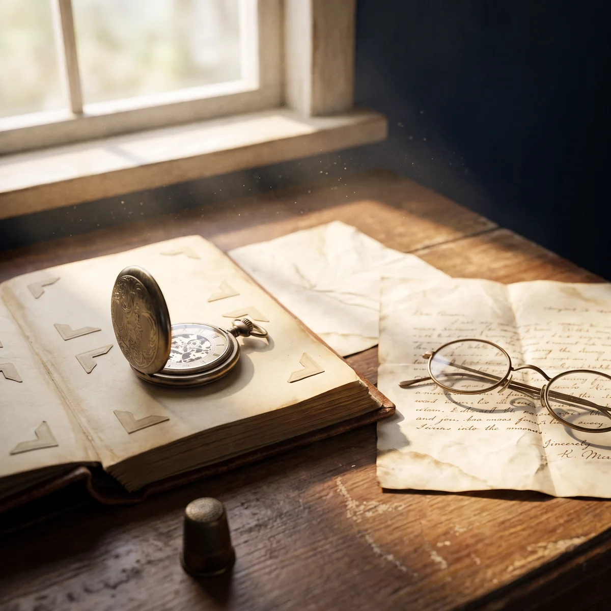 An heirloom pocket watch resting on an open family album and a handwritten letter